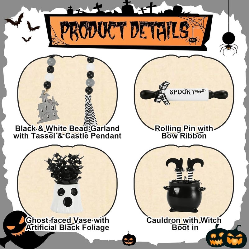 SYNCVIBE Halloween Decorations 8PCS Tiered Tray Decor, Cute Tabletop Halloween Decor for Home Tray Shelf Fireplace Mantel Coffee Bar Office Desk Table Centerpieces Farmhouse Rustic Spooky Wood Signs - Image 4